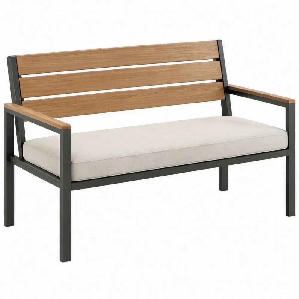 2-zits tuinbank van aluminium en polywood met beige kussen, zwart/bruin, 120 x 65 x 85 cm
