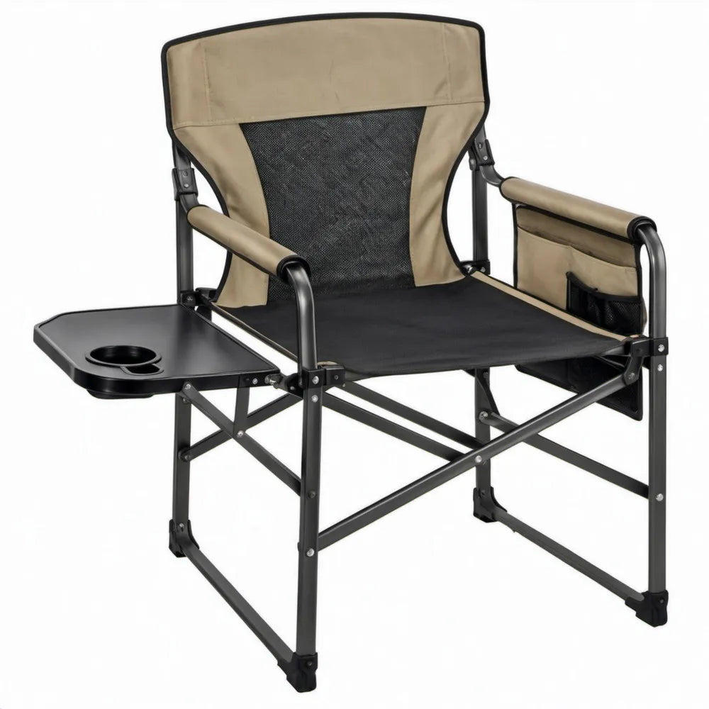 Opvouwbare campingstoel met zijtafel en bekerhouder, 80 x 50 x 86 cm, zwart/khaki