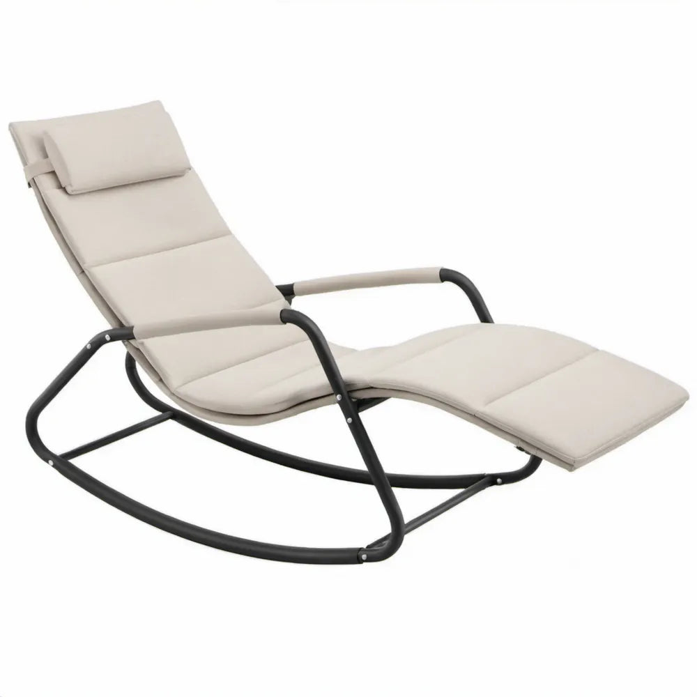 Schommelend ligbed met verstelbare rugleuning en hoofdsteunkussen, 160 x 65 x 95 cm, beige/zwart
