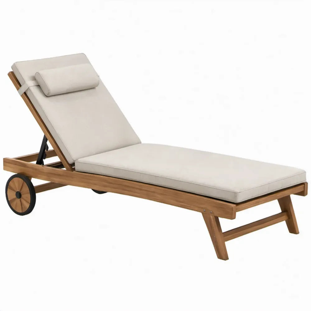 Verstelbaar houten ligbed met wielen en beige kussen, 200 x 65 x 35 cm