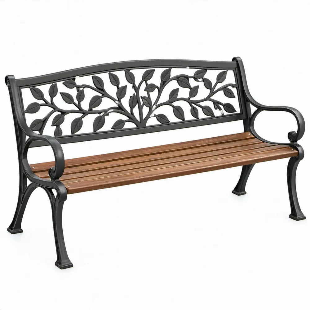 2-zits tuinbank met gebogen rugleuning, 125 x 53 x 77 cm, Zwart/Bruin, gietijzer en massief hardhout