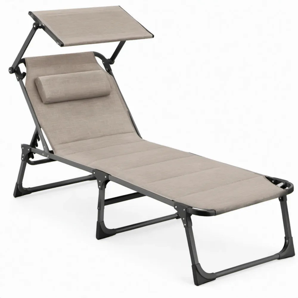 Inklapbaar ligbed met verstelbare zonneluifel en hoofdrol, 190 x 60 x 110 cm, taupe/zwart