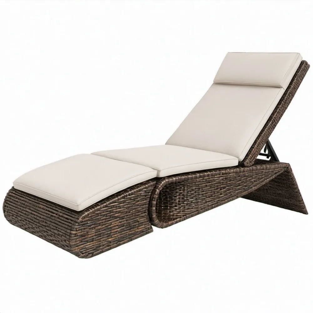 Verstelbaar ligbed 200 x 65 x 33 cm Bruin PE-rattan met crèmekleurige polyester kussens
