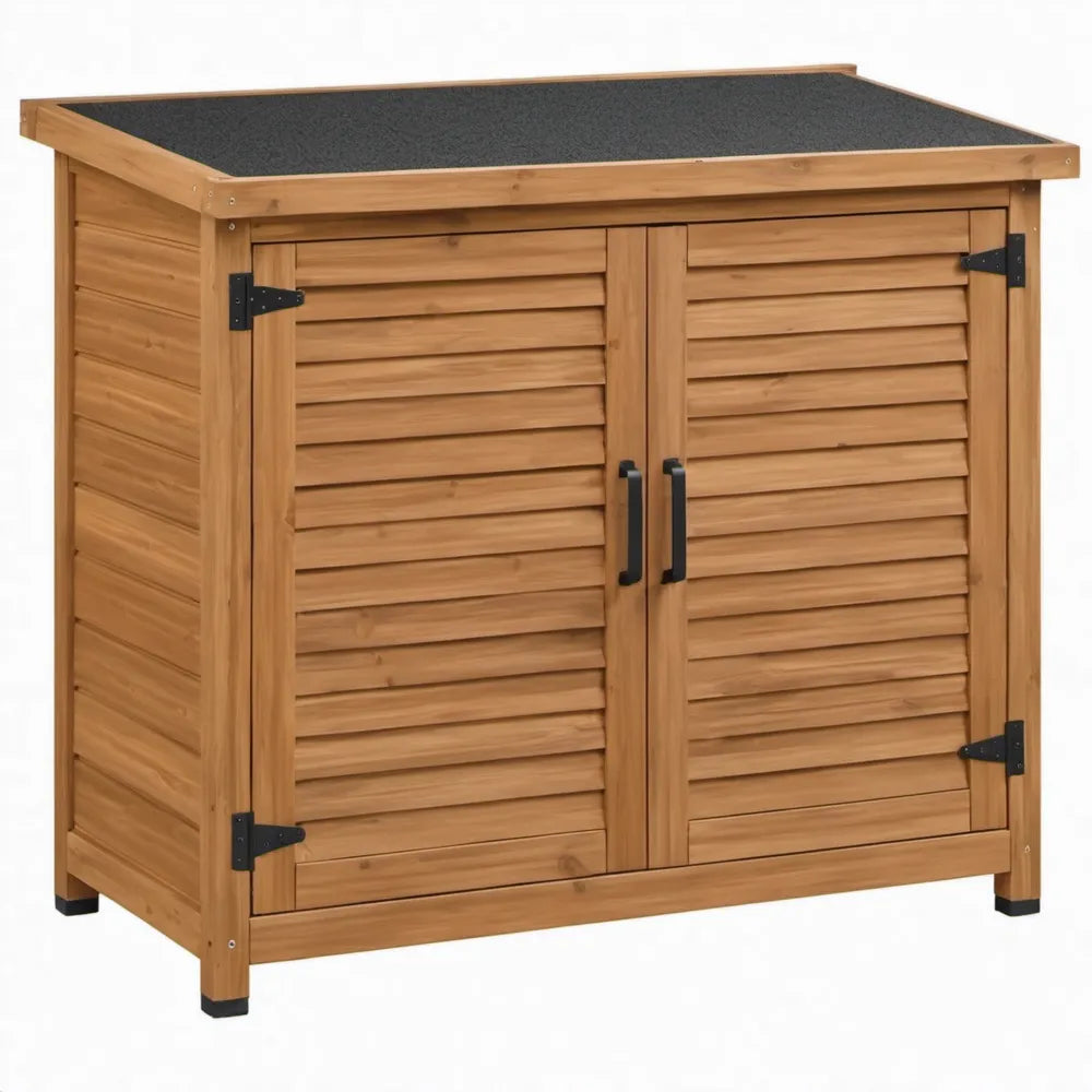 Tuinkast van massief grenenhout met dubbele deuren, 120 x 60 x 96 cm, bruin/zwart