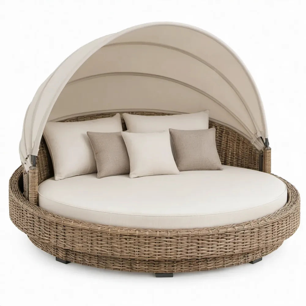 Rond buitenligbed met zonnedak, 200 x 200 x 160 cm, natuurlijk beige/crème/taupe