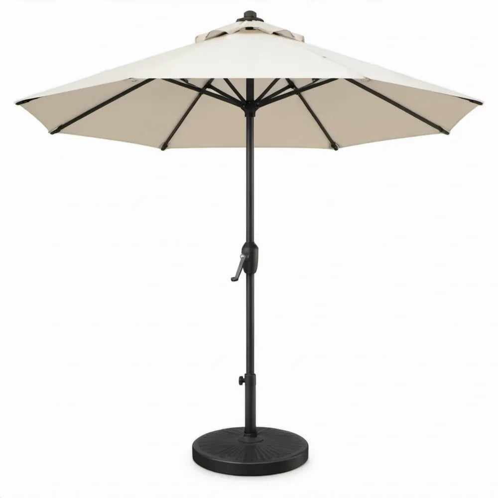 Crèmekleurige achthoekige tuinparasol met zwarte voet, Ø 270 x H 245 cm