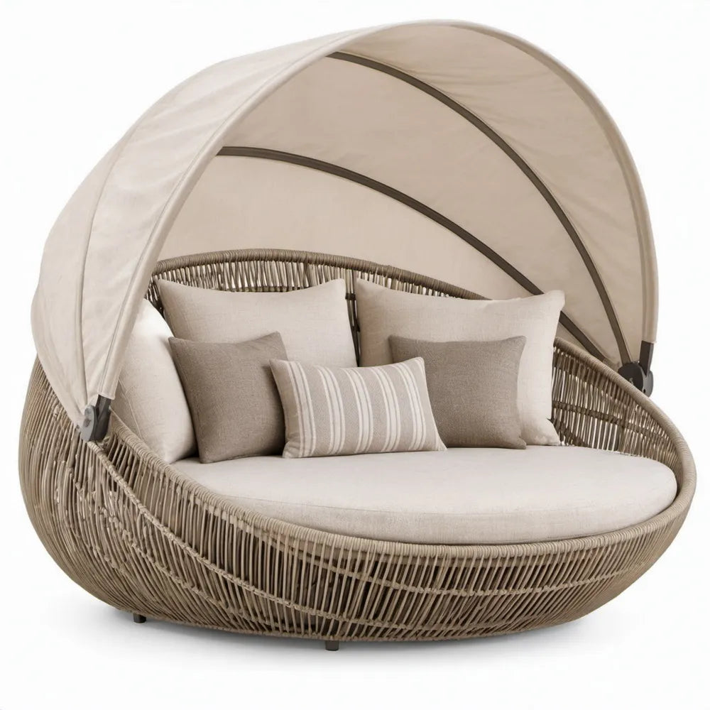 Rond ligbed met inklapbaar en verstelbaar zonnescherm, 180 x 180 x 150 cm, beige/taupe
