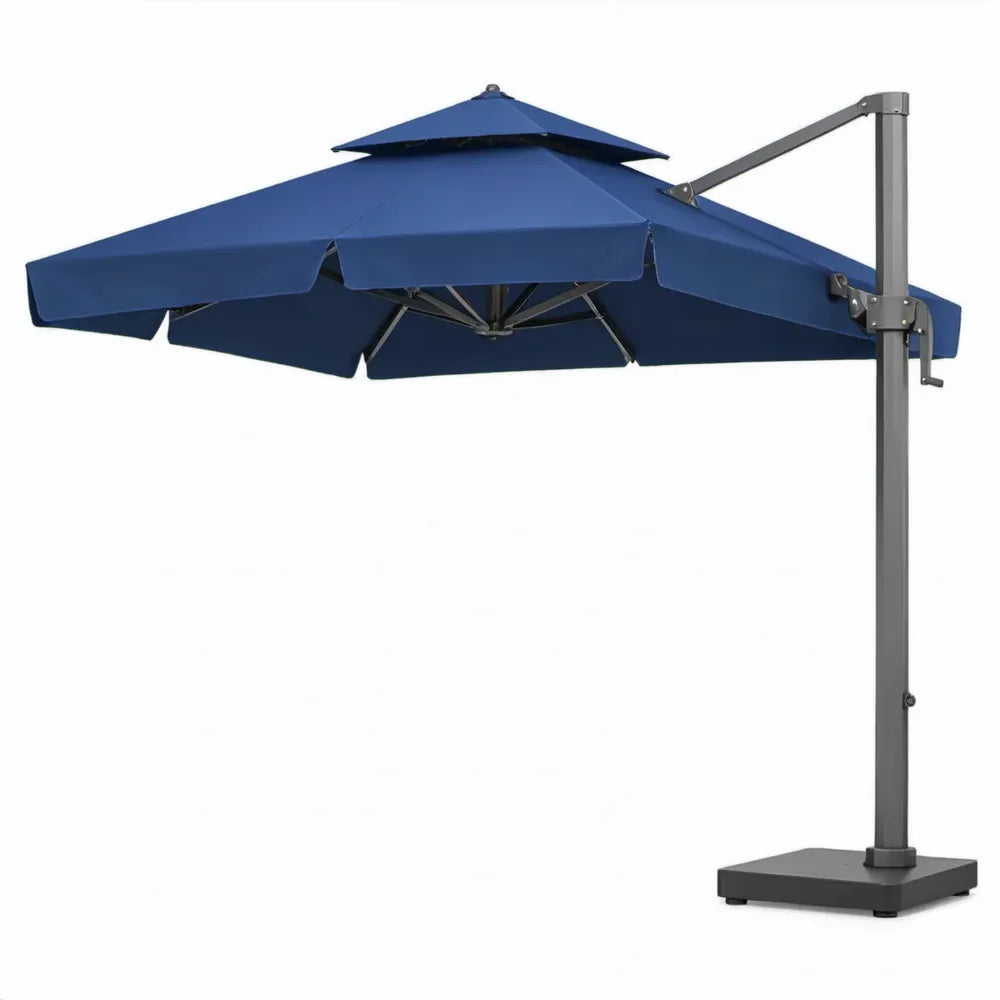 Blauwe zweefparasol 300 x 300 cm met stalen frame en dubbel ventilatiedak