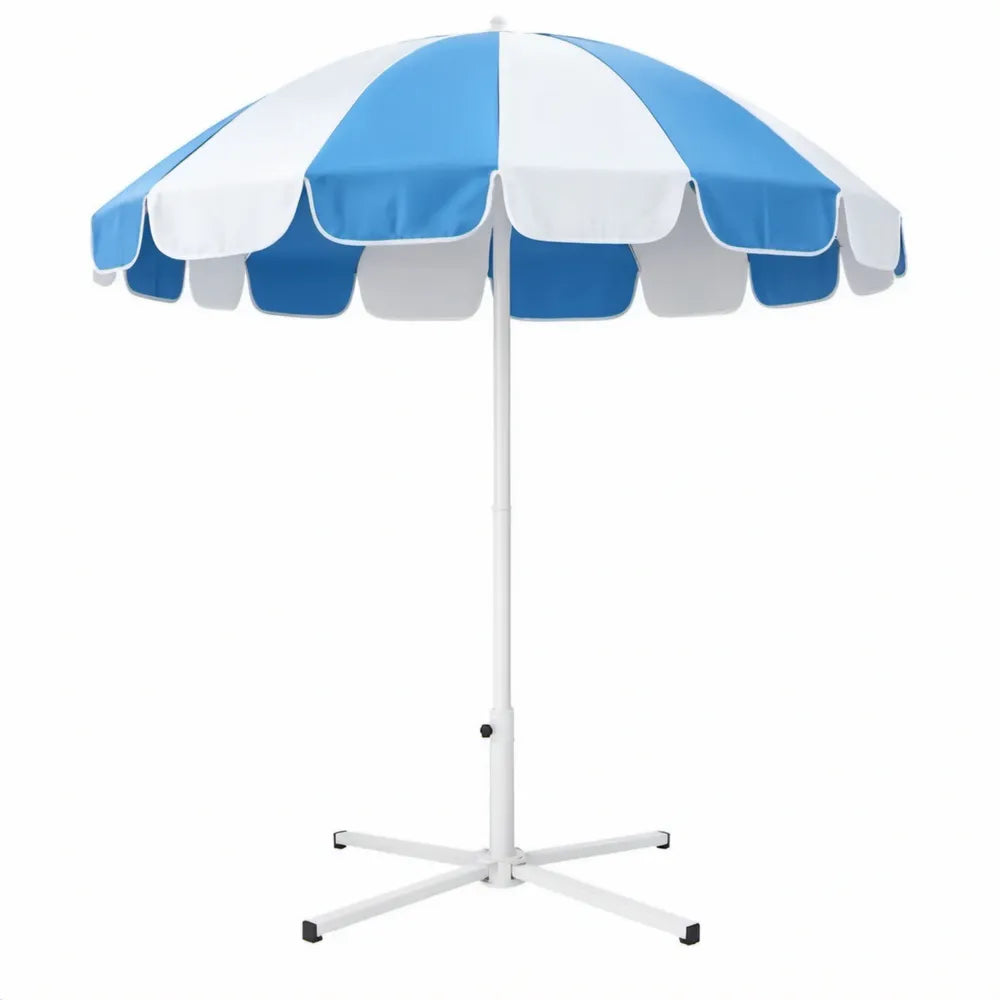 Blauw-witte strandparasol met kruisvoet, Ø 200 cm, hoogte 210 cm