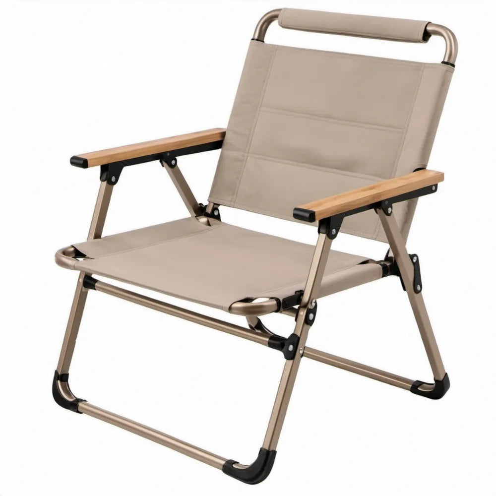 Opvouwbare campingstoel met bamboe armleuningen, beige/bruin/zwart, 56 x 60 x 80 cm