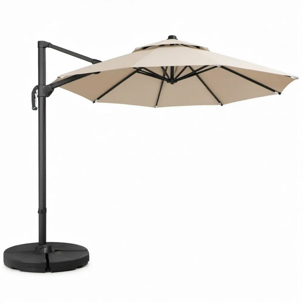 Beige zweefparasol met zwarte zijpaal en voet, Ø 300 cm