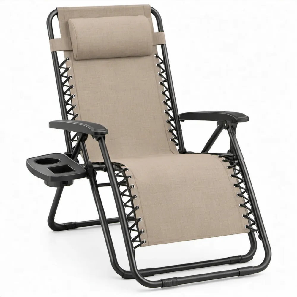 Inklapbare verstelbare relaxstoel met hoofdsteun en bekerhouder, 165 x 65 x 112 cm, beige/zwart