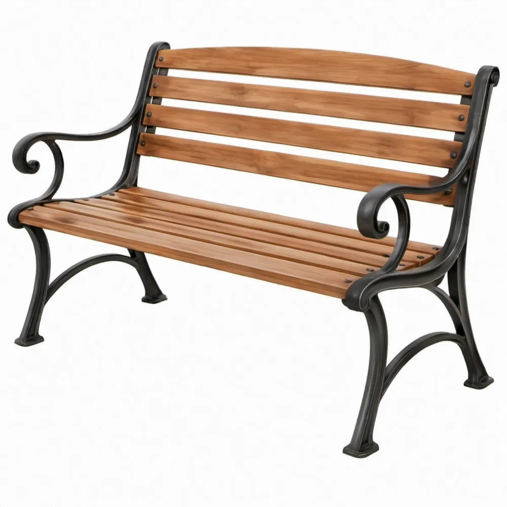 2-zits tuinbank van massief hardhout en gietijzer, 122 x 58 x 87 cm, Bruin/Zwart
