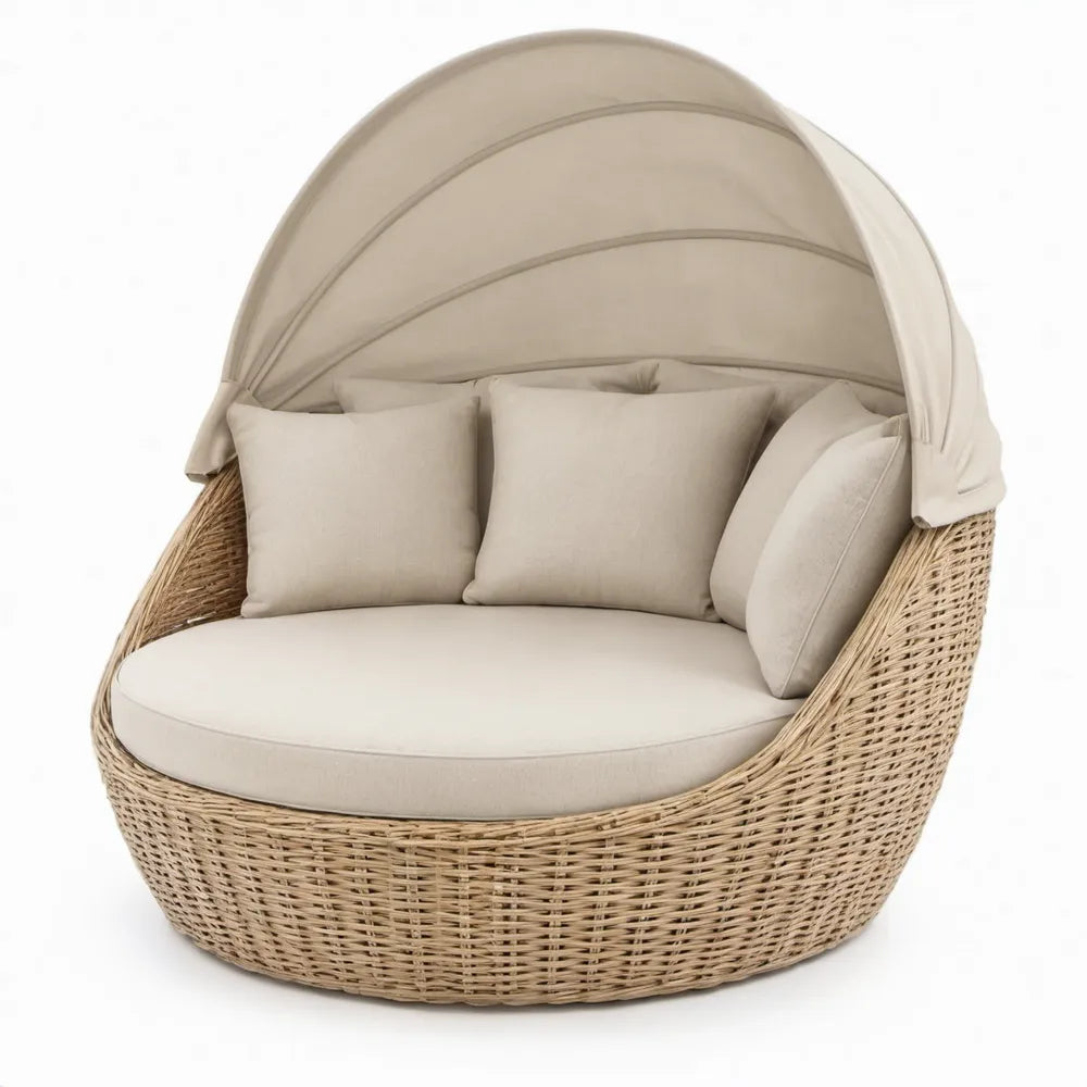 Rond tweepersoons ligbed met zonnekap van naturel rotan en beige kussens, 180 x 160 x 150 cm