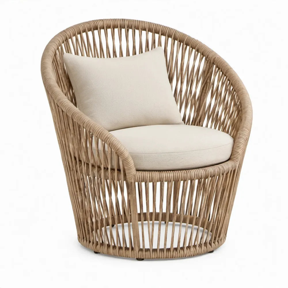 Ronde rotanstoel naturel met beige zit- en rugkussen, 78 x 75 x 82 cm