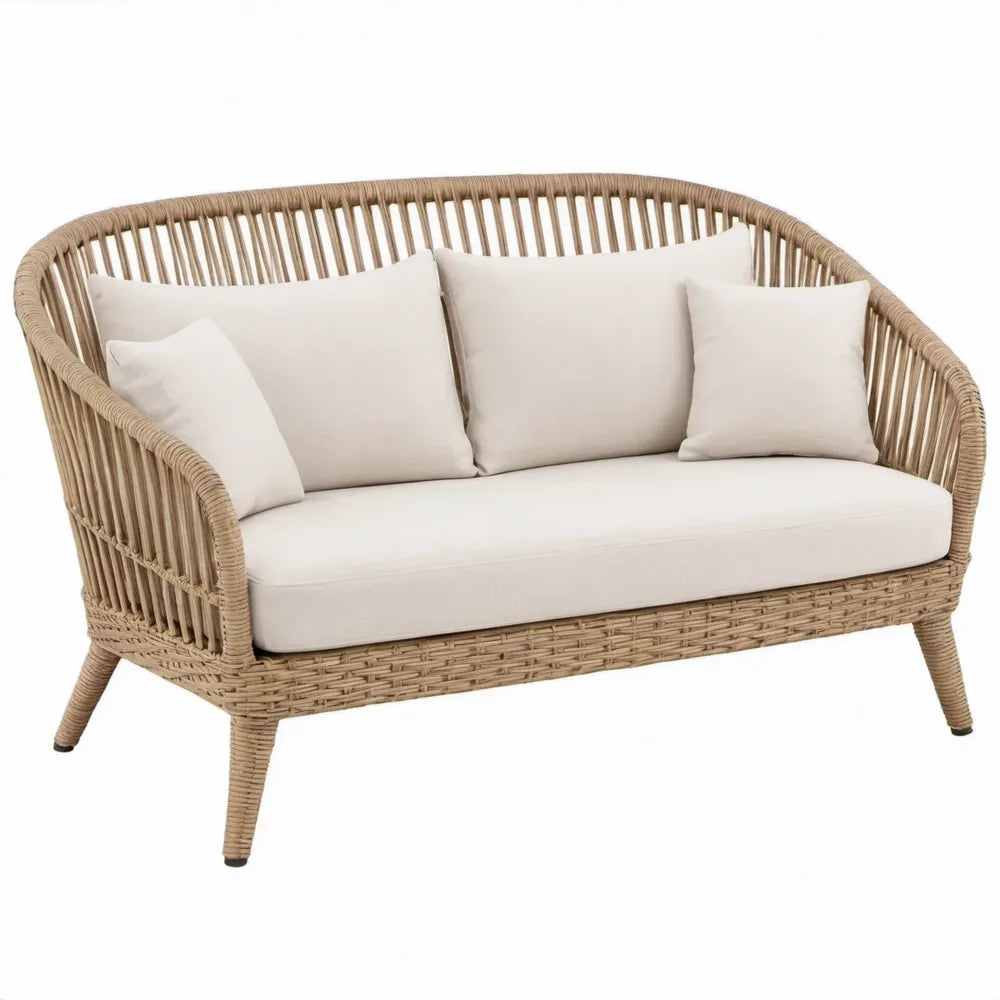 2-zits tuinbank van gebogen PE-rotan in beige met crèmekleurige polyester kussens, 130 x 75 x 85 cm