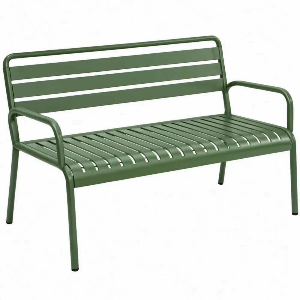 Groene 2-zits tuinbank van gepoedercoat staal met armleuningen, 118 x 60 x 80 cm