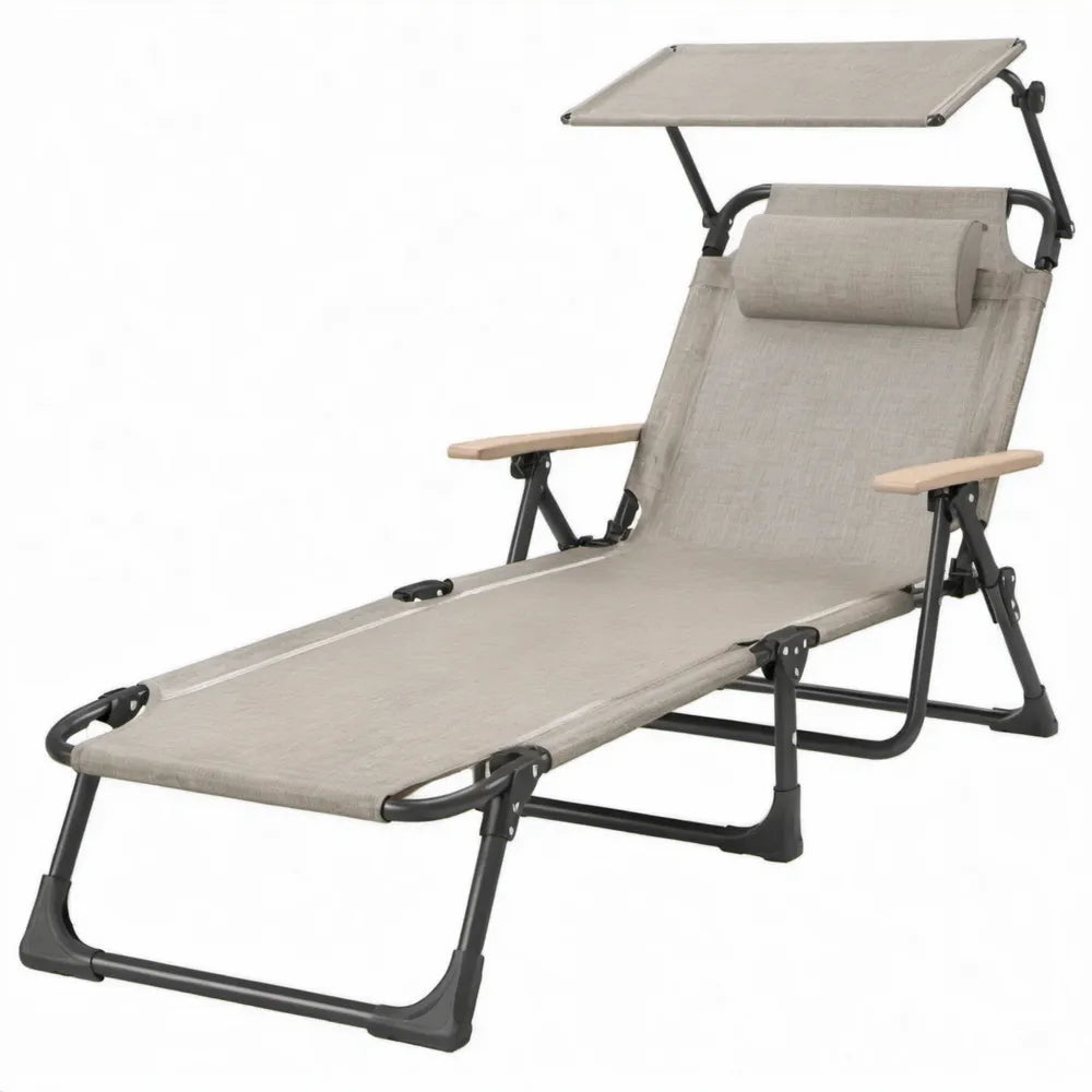Inklapbare beige ligstoel met zonnescherm en hoofdkussen, 188 x 58 x 30 cm