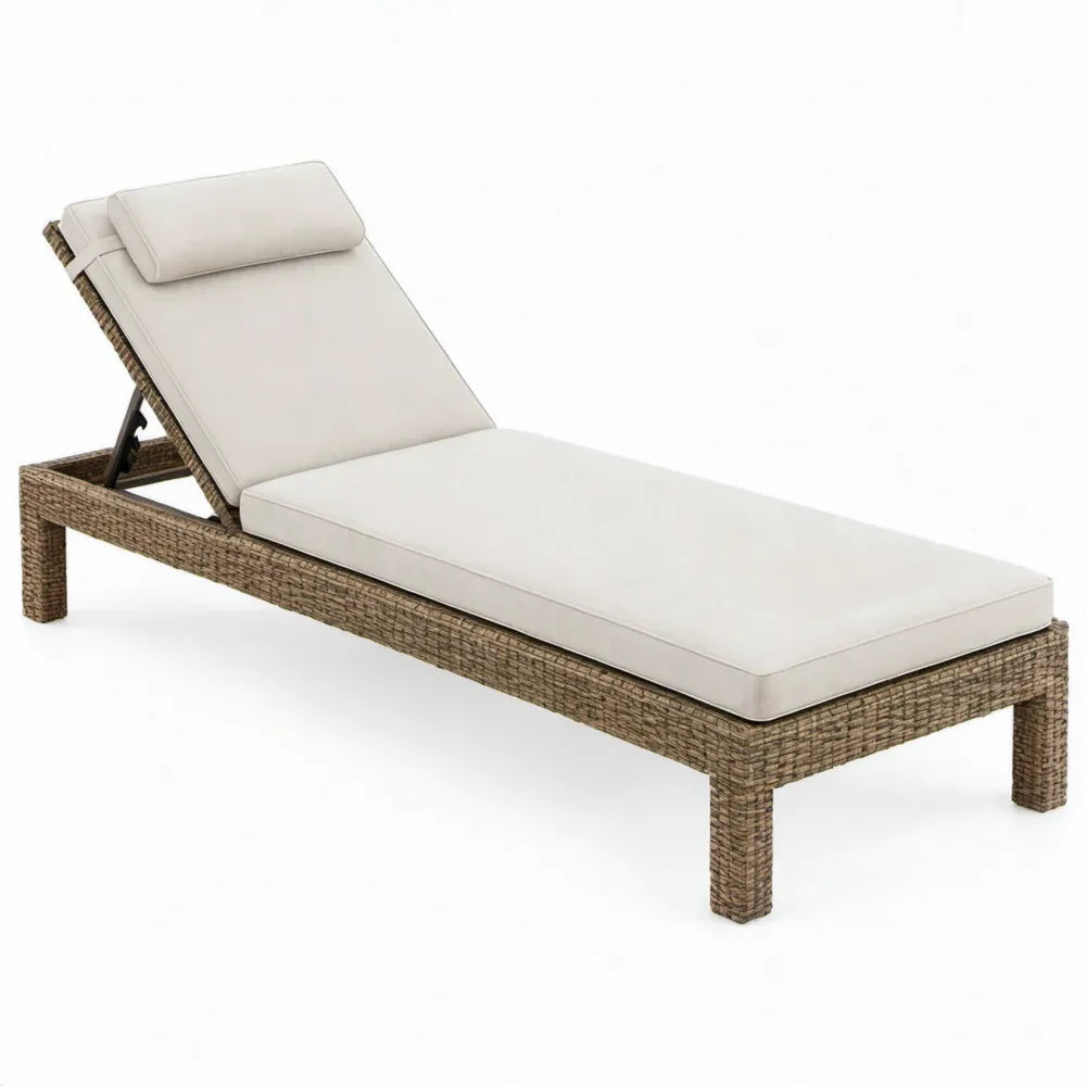 Verstelbaar PE-rattan ligbed met crèmekleurig polyester kussen en hoofdkussen, 200 x 65 x 33 cm