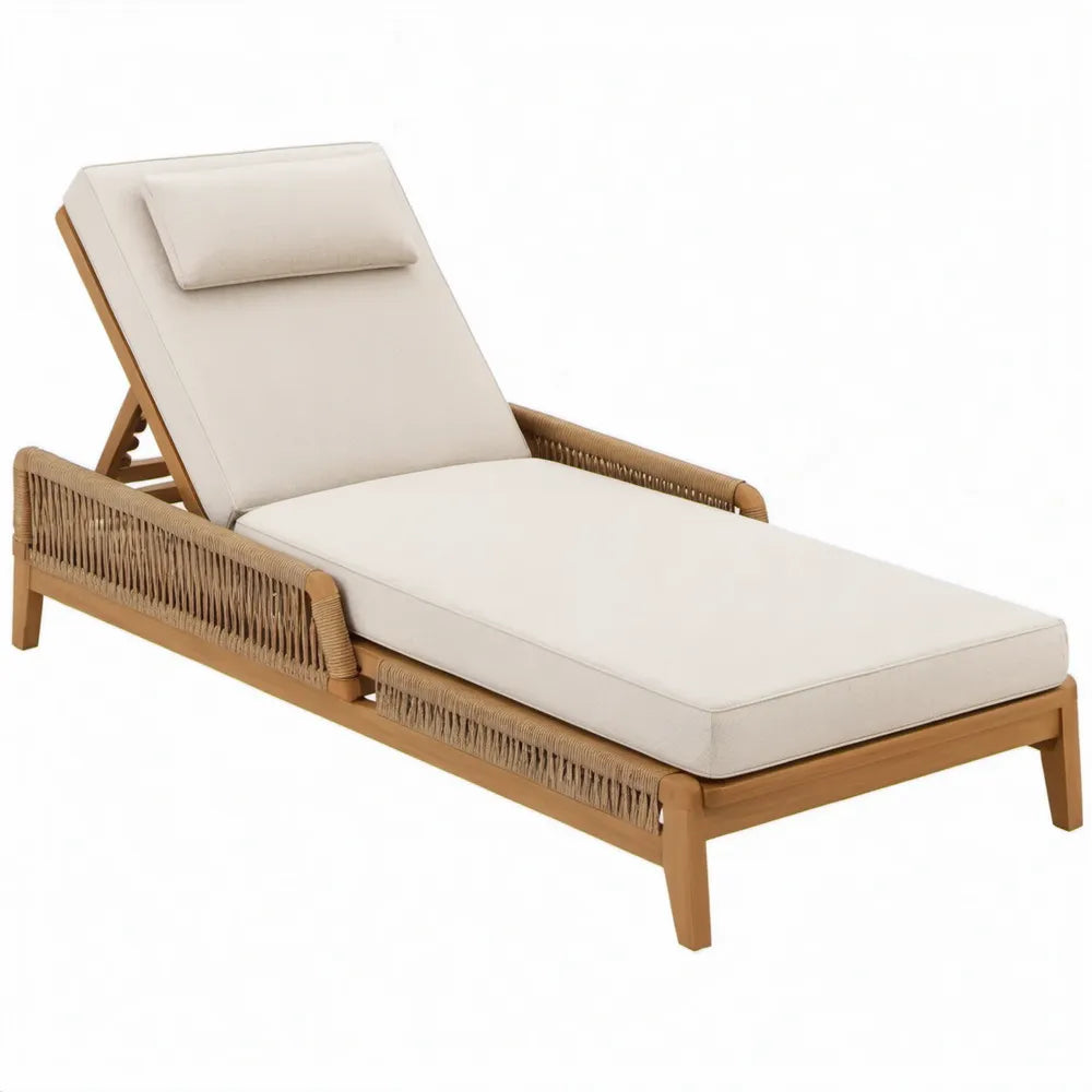 Verstelbaar ligbed met armleuningen 200 x 75 x 35 cm Beige/Naturelbruin, massief acaciahout en PE-vlechtwerk