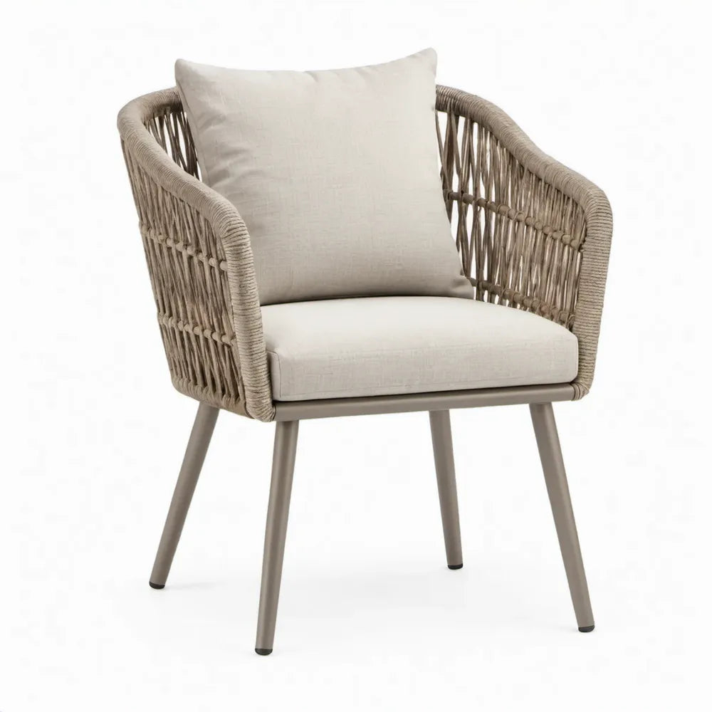 Tuinfauteuil met beige kussens en taupekleurig PE-koord, 68 x 72 x 82 cm
