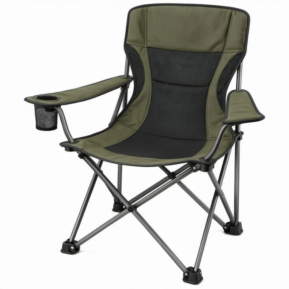 Opvouwbare campingstoel met hoge rugleuning, bekerhouder en opbergvak, 60 x 50 x 95 cm, olijfgroen/zwart/donkergrijs