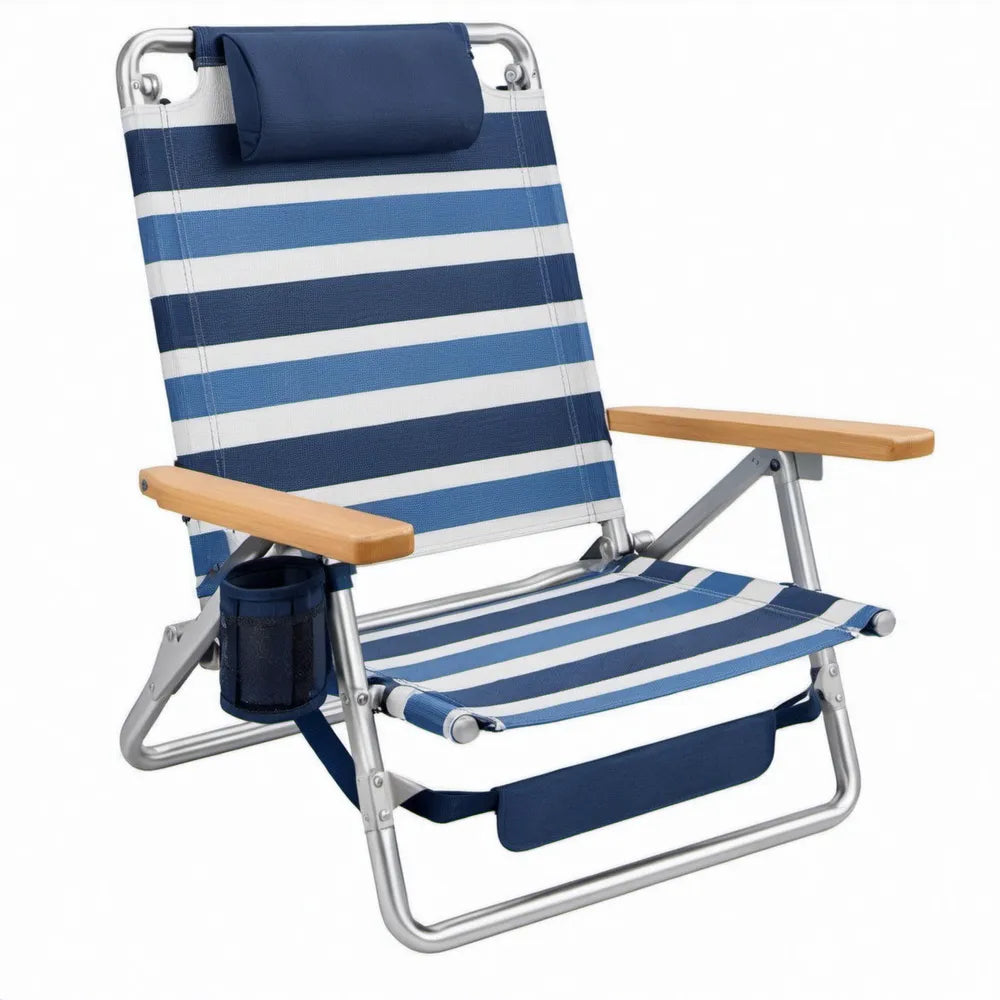 Opvouwbare verstelbare strandstoel blauw/wit met aluminium frame, 64 x 54 x 80 cm