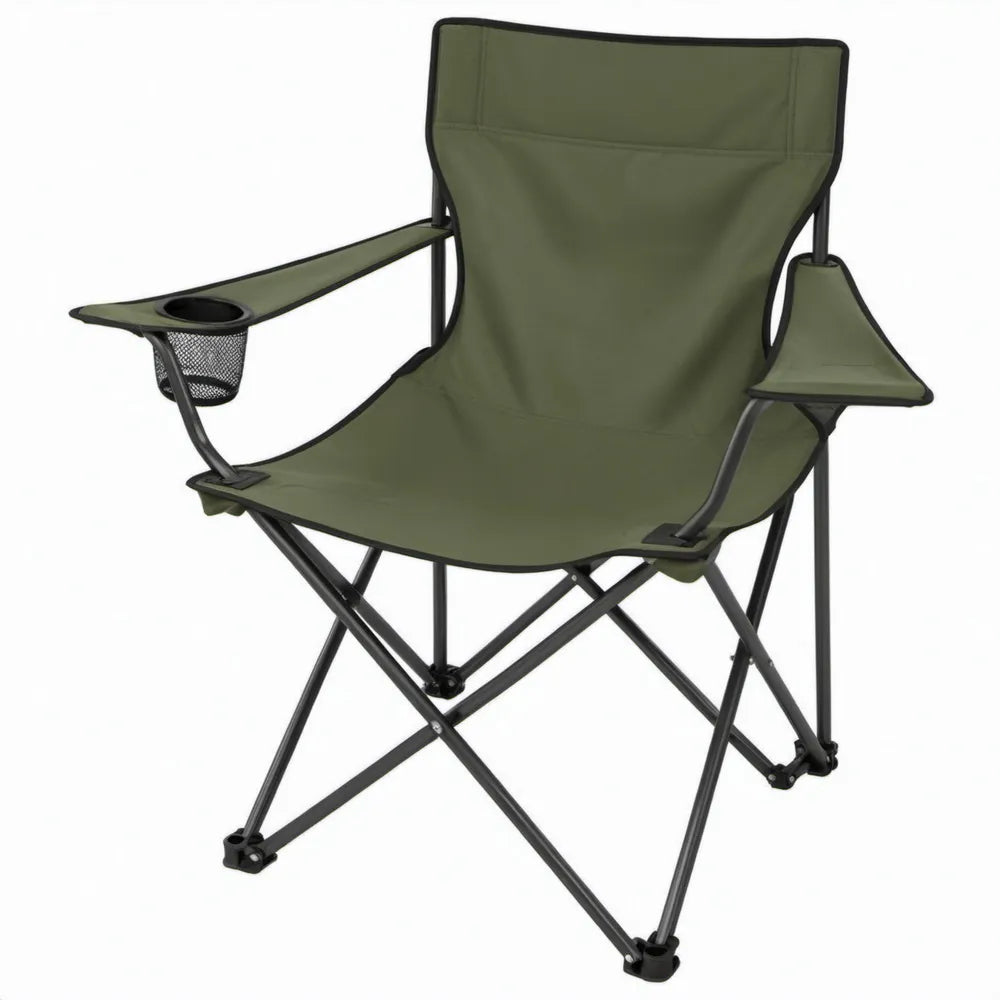 Olijfgroene opvouwbare campingstoel met armleuningen, bekerhouder en netvak, 80 x 50 x 80 cm